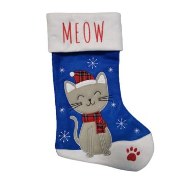 Kerstsok in blauw met kattenmotief - 40x26 cm 