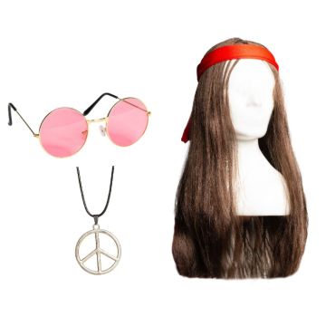 Hippie outfit inclusief brillen, pruik met hoofdband en halsketting voor mannen