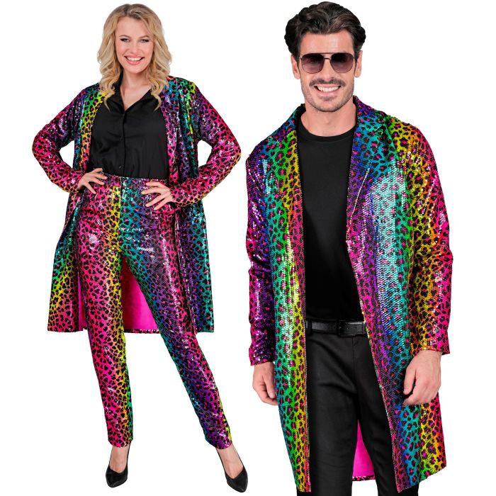 Regenboogkleurige paillettenjas met leeuwendessin