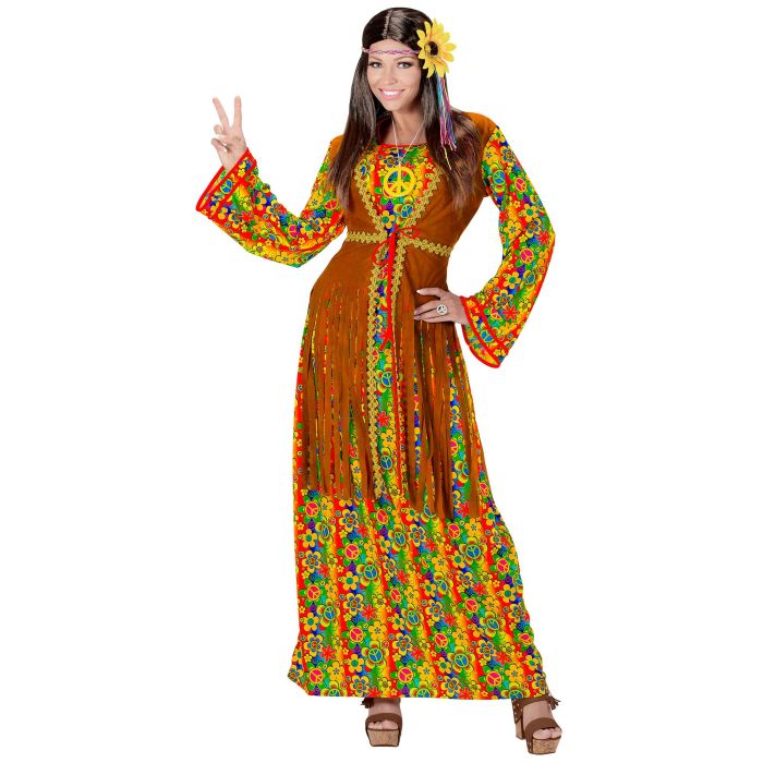 Hippie jurk met franjer vest en vredesteken