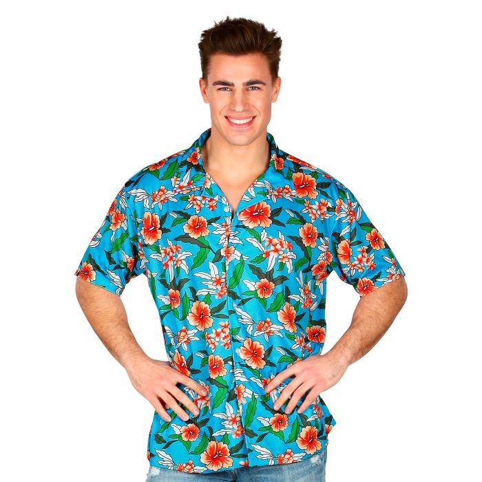 Blauw hawaii shirt met rode bloemen