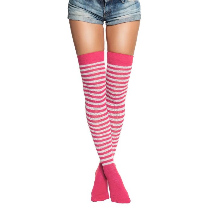 Over-knee kousen one-size neon roze en wit