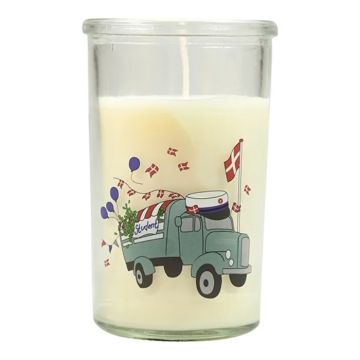 Kaars in glas met studentenwagenmotief blauwe student Het Oude Apotheek