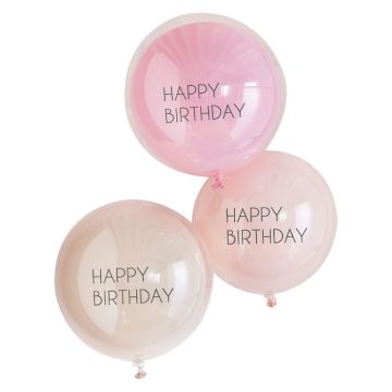 Dubbele Happy Birthday Ballonnen Roze 3 stk. - 45 cm
