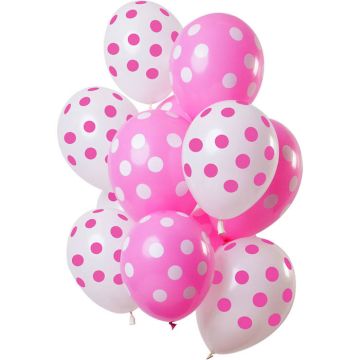 Witte en roze gestipte ballonnen 12x - 33 cm