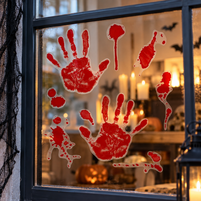Raamstickers met bloedige handafdrukken