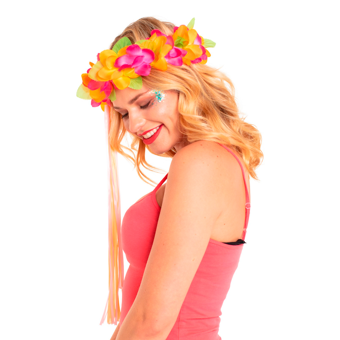 Hawaiiaans bloemen hoofdband roze/oranje - onesize