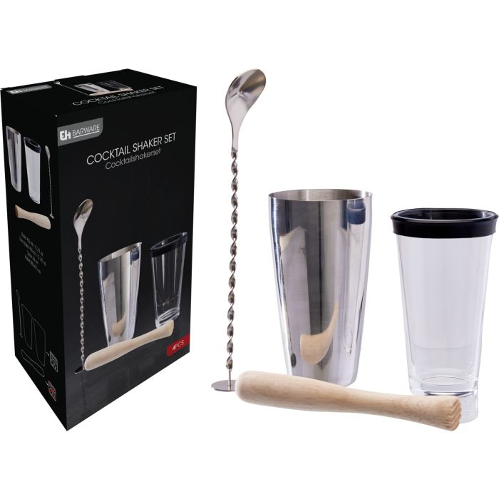 Cocktailshakerset van staal en glas, 4 delen