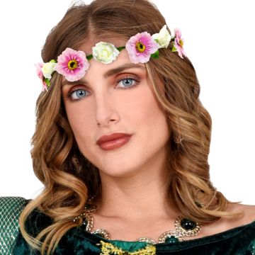 Bloemen diadeem met roze lint