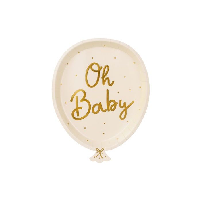 Ballonvormige witte papieren borden met gouden stippen en gouden tekst 6x - 22x17,5 cm