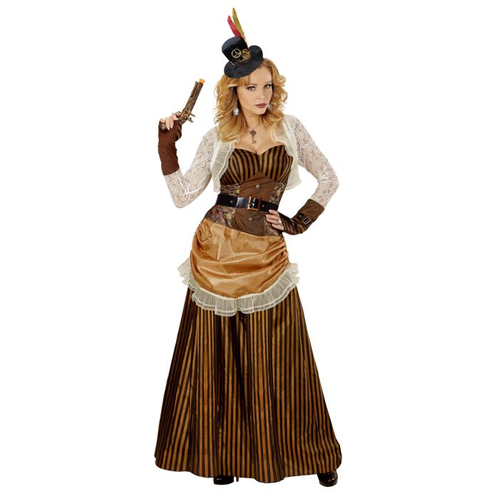 Gestreepte steampunk jurk in bruin en goud