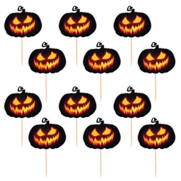 Griezelige Halloween pompoen cocktailprikkers 12x - 12 cm