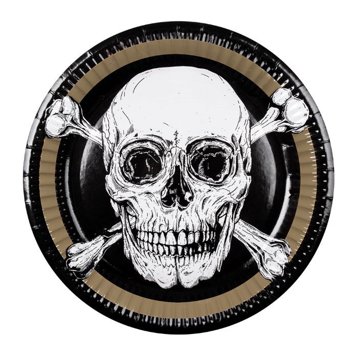 Piraten schedel borden met gouden rand 10x - Ø 23 cm