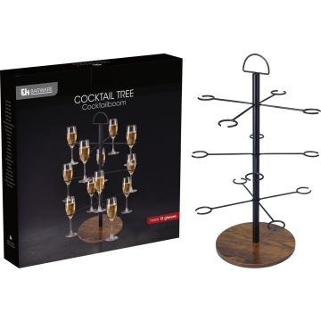 Cocktailstand voor 12 glazen in zwart ijzer met houten voet