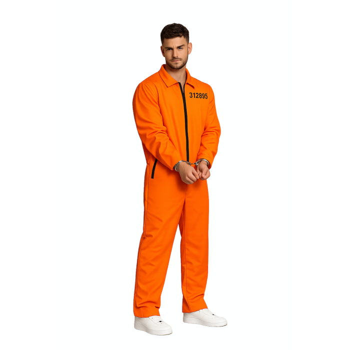 Geel oranje deluxe gevangenis kostuum inclusief handboeien