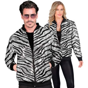 Pailletten bomberjack met zebraprint in zilver