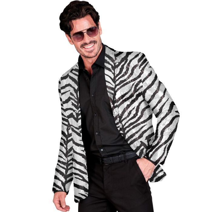 Zilveren zebrapaillettenjas voor feest