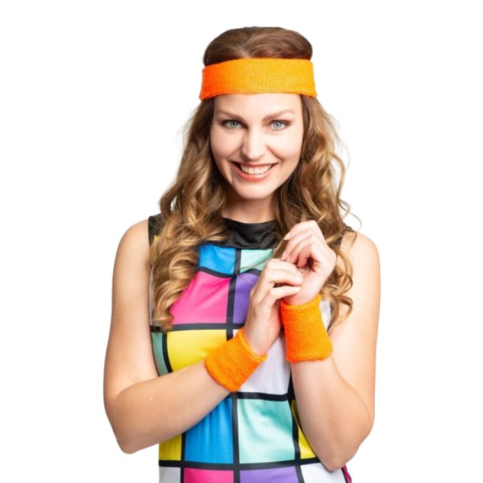 Zweetband set in neon oranje met 2x polsbanden en hoofdband