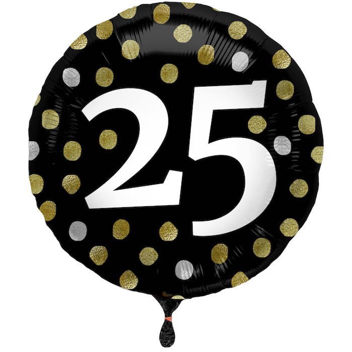 25 Jaar Folie Ballon Zwart Met Stippen - 45 cm