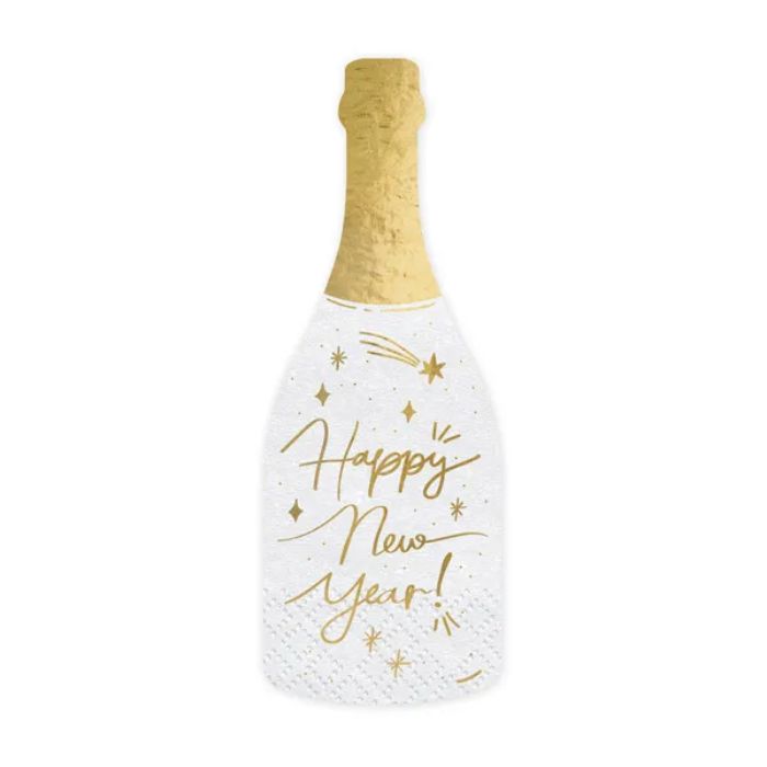 Champagnefles servetten wit met gouden details nieuwjaar 20x - 7x19 cm
