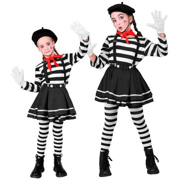 MIME (shirt, rok, bretels, halsdoek, handschoenen, hoed) Zwart