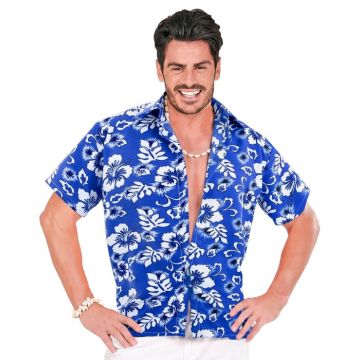 Blauwe hawaii overhemd met witte bloemen
