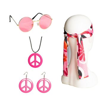 Hippie peace pink set incl haarband, brillen, oorbellen, ketting