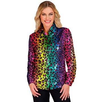 Luipaard-paillettenshirt voor dames in regenboogkleuren