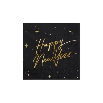 Nieuwjaars servetten happy new year zwart 20x - 33x33 cm