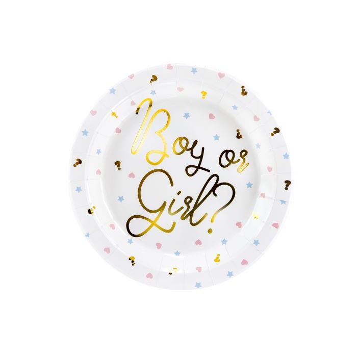 Witte gender reveal papieren borden met gouden tekst en motieven 6x - Ø 23 cm