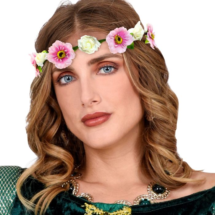 Bloemen diadeem met roze lint