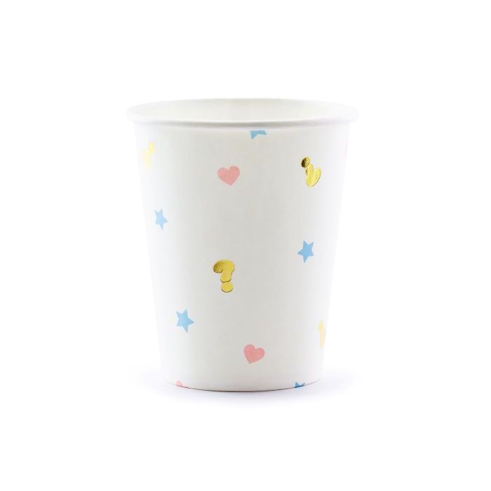 Witte gender reveal papieren bekers met motieven 6x - 200 ml
