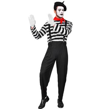 MIME (shirt, broek, bretels, nekdoek, handschoenen, hoed) Zwart