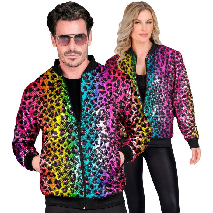 Paillet bomberjack met leopardprint in regenboog