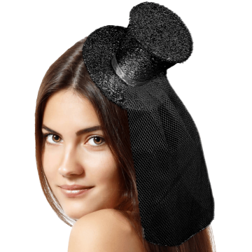 Zwarte mini glitter hoge hoed met sluier