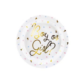 Witte gender reveal papieren borden met gouden tekst en motieven 6x - Ø 23 cm