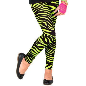 Neon groene 80's kinderleggings met zebra patroon