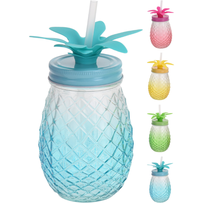 Ananasvormig glas met deksel en rietje 400ml assorti.
