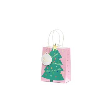 Kerstcadeauzak met kerstboom roze 14x20,5x8 cm