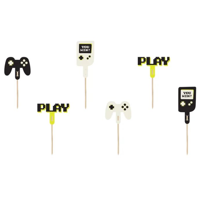 Cupcake decoratieprikkers met gamer-thema 6x - 6-10,5 cm