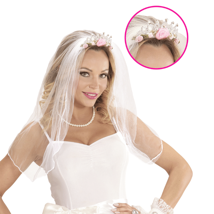 Tiara met sluier en bloemen zilver