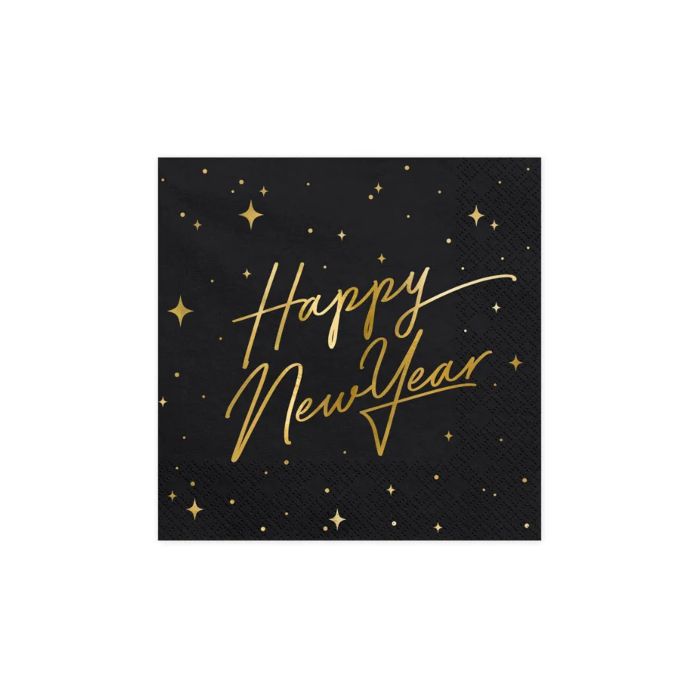 Nieuwjaars servetten happy new year zwart 20x - 33x33 cm