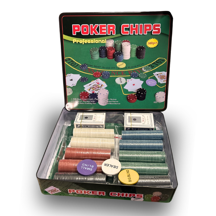 Pokerset m. 500 chips, pokerdoek, enz.