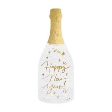 Champagnefles servetten wit met gouddetails nieuwjaar 20x - 7x19 cm