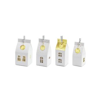 Adventskalender papieren huisjes wit met goud 6x13,5x6