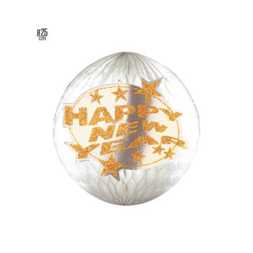 Honeycomb papierbal glitter zilver met goud happy new year 25 cm