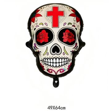 Opblaasbare Day of the Dead schedel met rood kruis motief