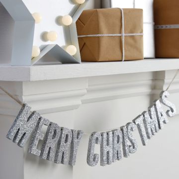Kerstguirlande met zilverglitter merry christmas 70 cm