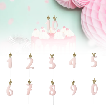 Taartkaars roze met kroon 0-9 - 9,5 cm