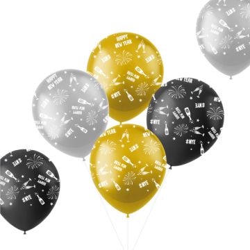 Nieuwjaarsballonnen zwart, goud en zilver 6x